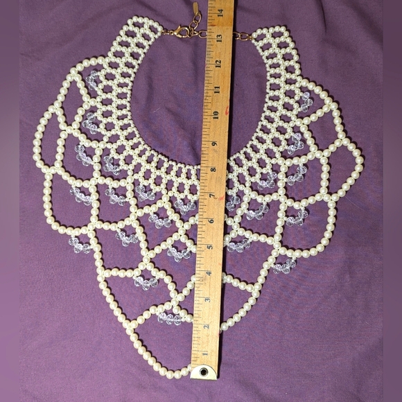 Faux Pearl & Crystal Beaded Weave Bib Necklace - Picture 6 of 8